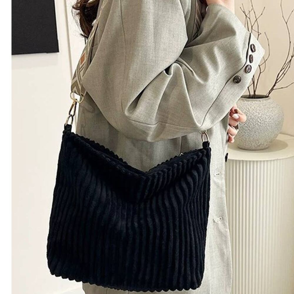 Black Corduroy Slouchy Tote Bag with Guitar Shoulder Strap